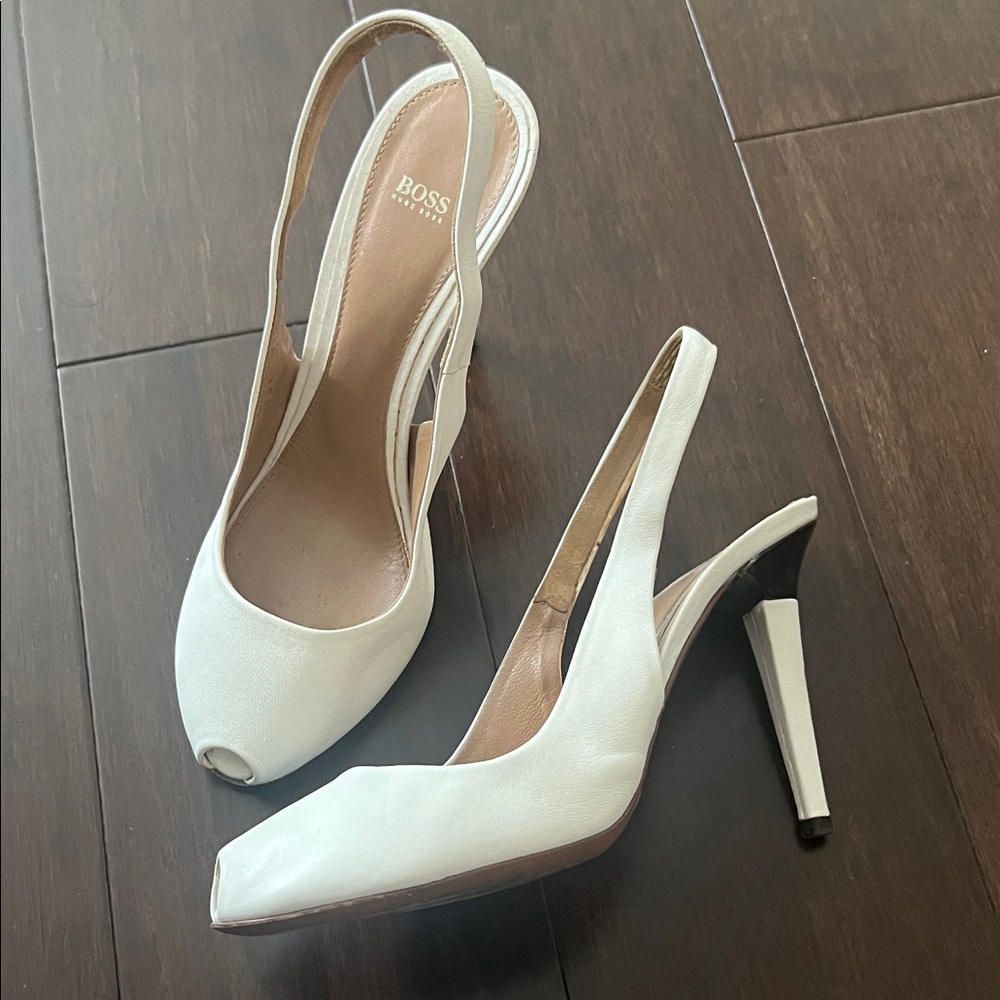 BOSS White Slingback Peep Toe Heels